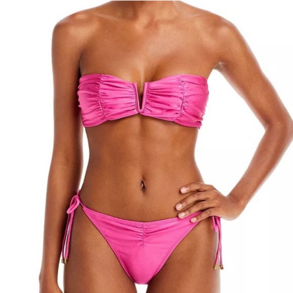 PQ Swim Pink Sands Ruched V Bandeau (D) & Pink Sands Ruched Tie Bottoms (Small)